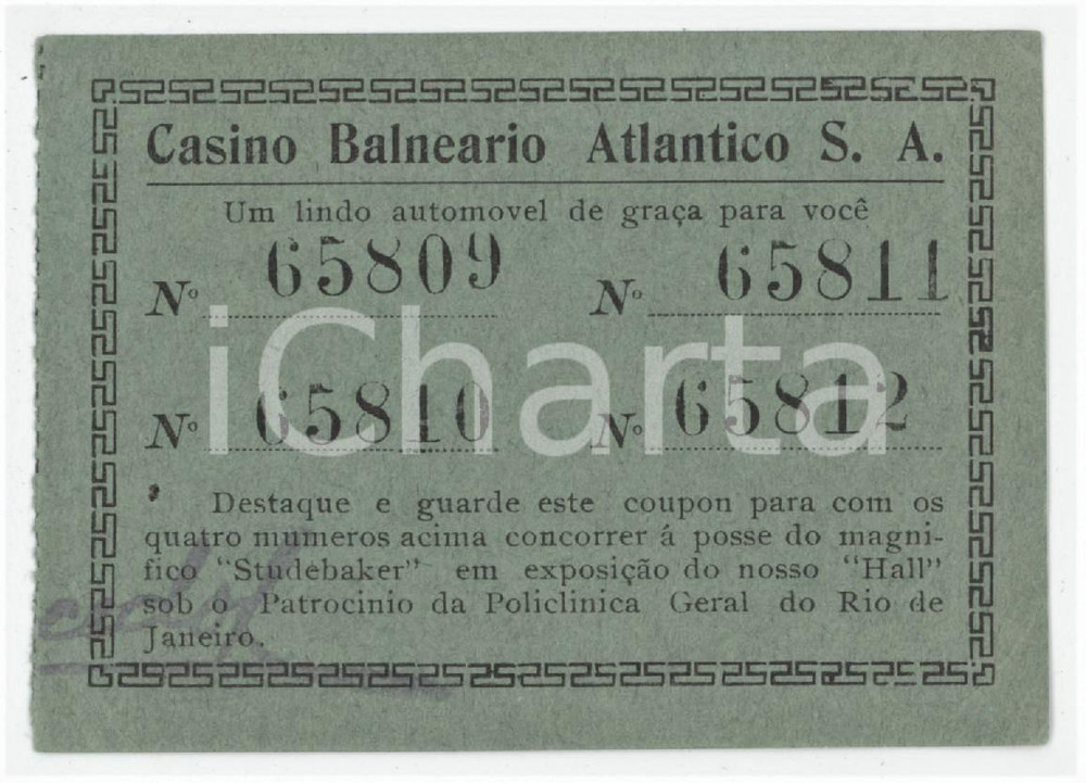 1920 ca RIO DE JANEIRO Casino Balneario Atlantico S.A. - Ticket 9x6 cm Tessera d'epoca.  FAIR/discreto Lievi smussature agli angoli Formato: 9x6 cm originale e autentica 1