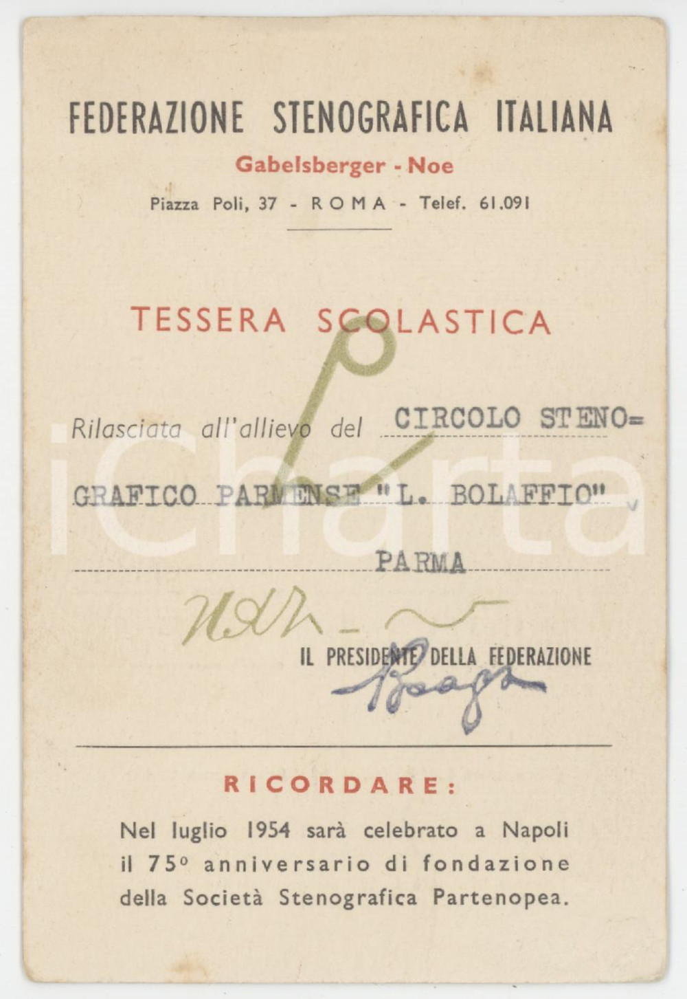 1954 PARMA Circolo stenografico parmense - Tessera Federazione Stenografica