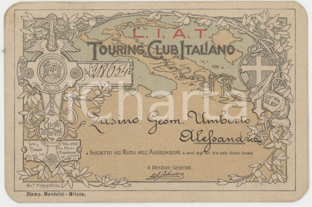 1916 ALESSANDRIA - TCI Touring Club - Tessera del Geom. Umberto PASINO 11x7 cm