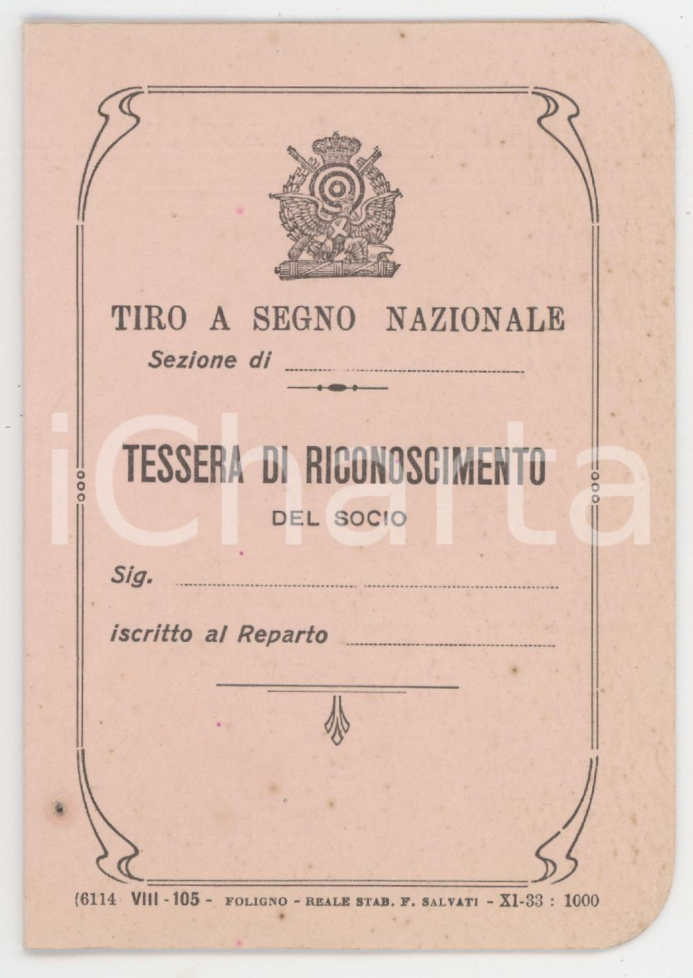 1934 TIRO A SEGNO NAZIONALE Tessera di riconoscimento 8x12 cm
