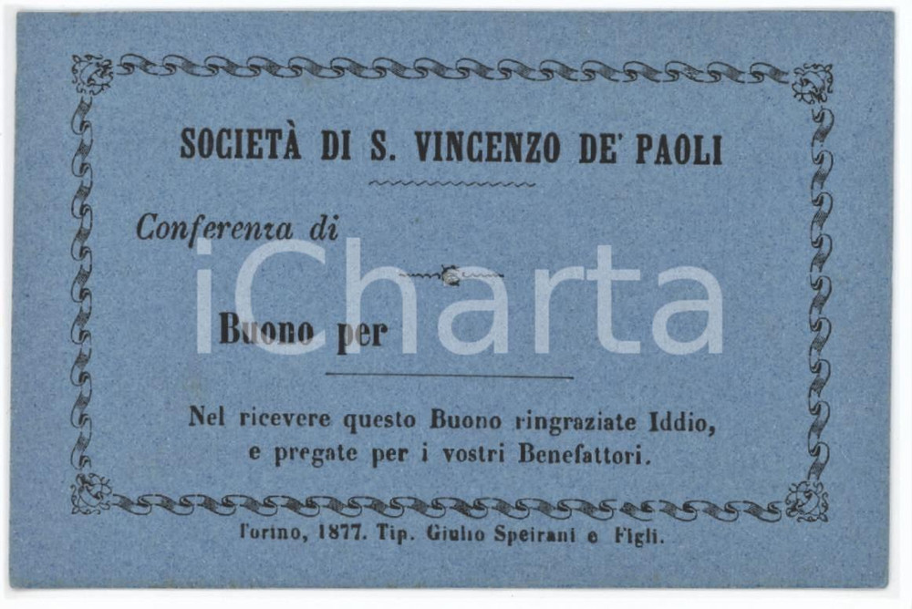 1877 TORINO Società San Vincenzo De' Paoli - Buono 9x6 cm
