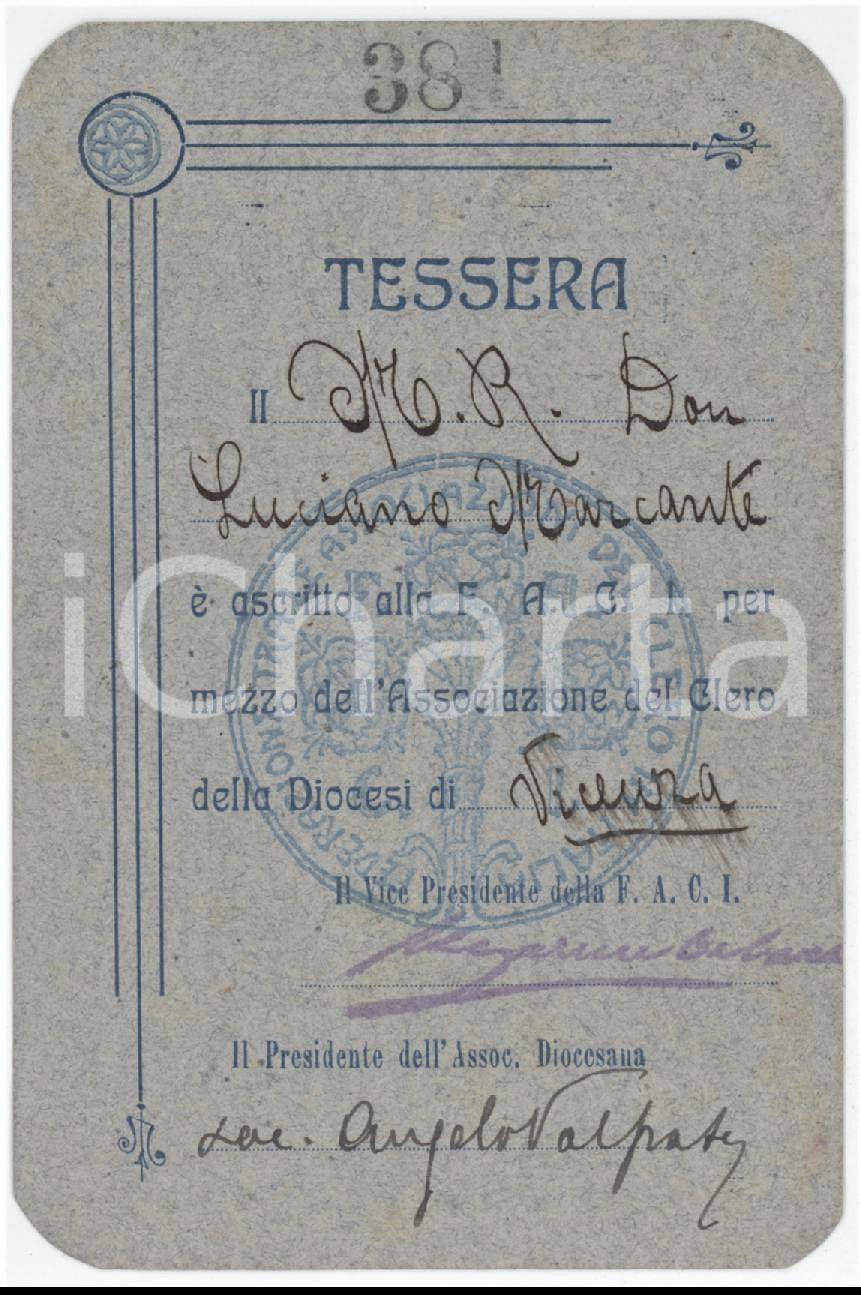 1921 DIOCESI DI VICENZA - FACI Tessera di Monsignor Luciano MARCANTE 7x10 cm