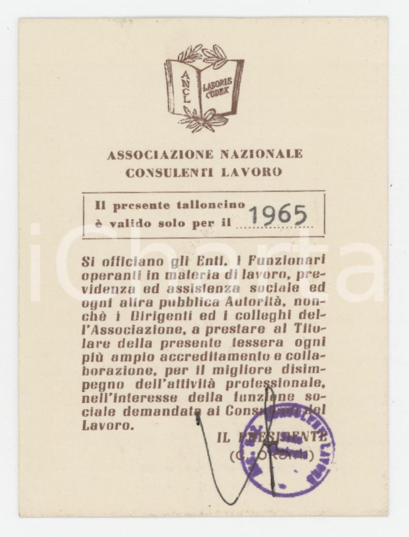 1965 VERCELLI - ANCL Associazione Nazionale Consulenti Lavoro - Tessera 6x8 cm