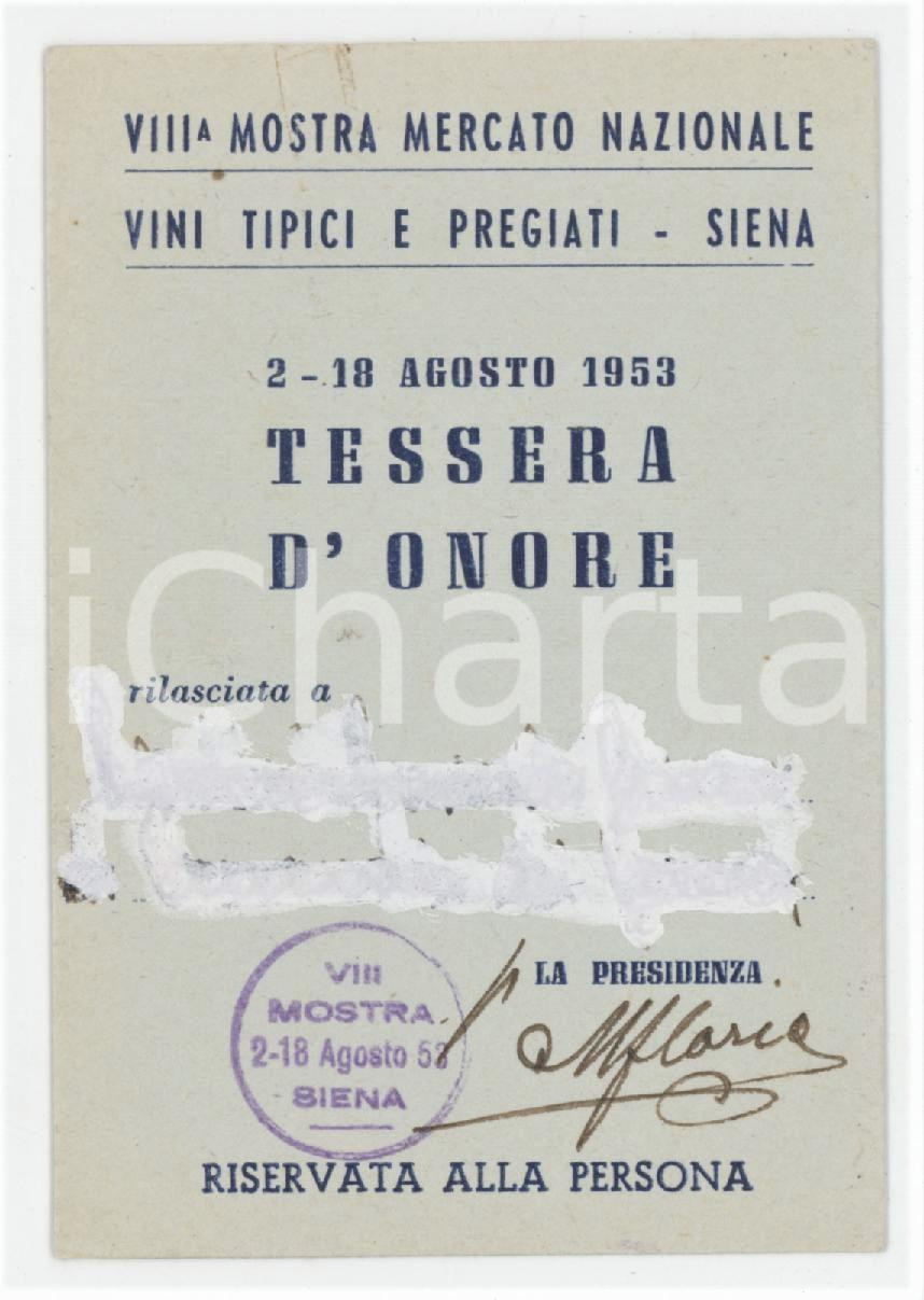 1953 SIENA - VIII^ Mostra vini tipici e pregiati - Tessera d'onore 6x9 cm