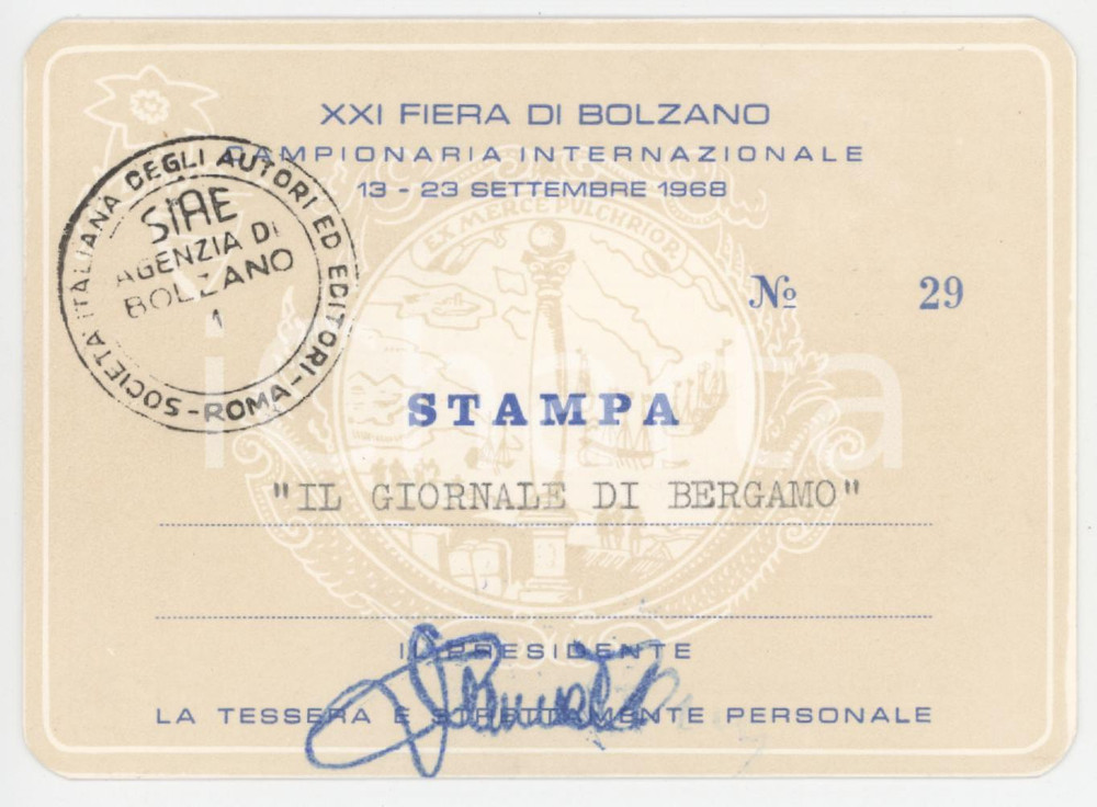 1968 XXI FIERA DI BOLZANO Tessera stampa per IL GIORNALE DI BERGAMO
