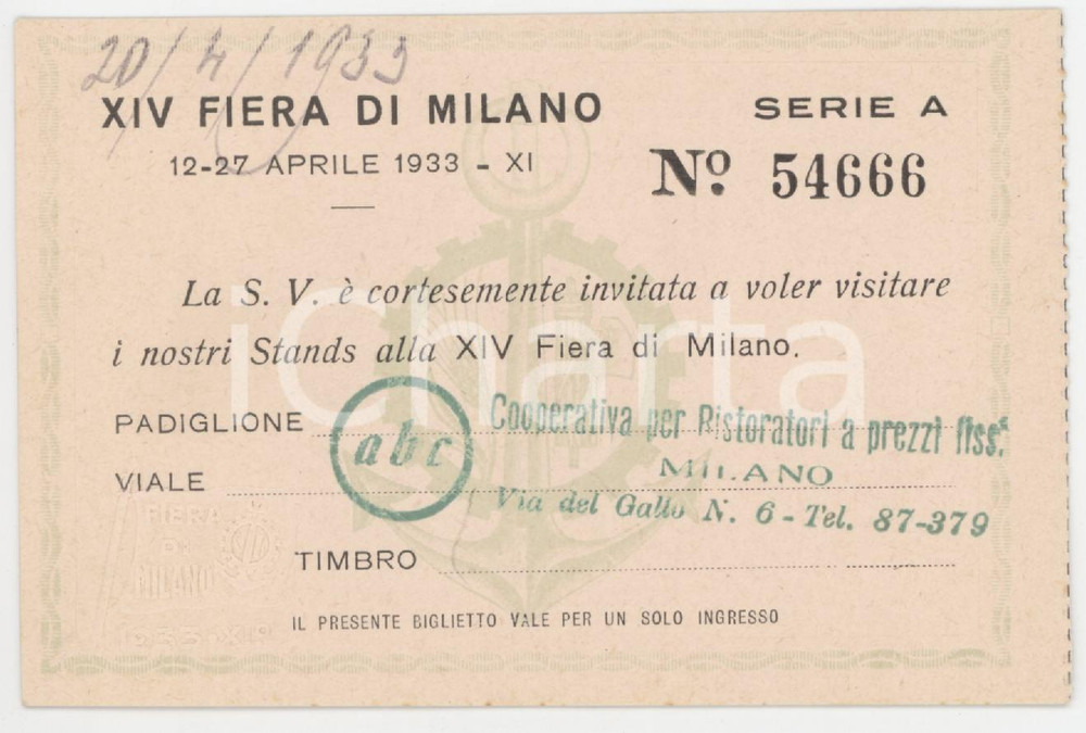 1933 XIV FIERA DI MILANO Invito stand ABC Cooperativa ristoratori prezzi fissi 2 Tessera d'epoca.  CONDIZIONI:FAIR/discreto Lievi smussature agli angoliFORMATO: 10x7 cm originale e autentica 1