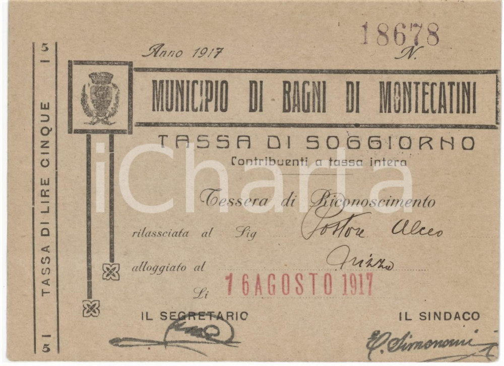 1917 BAGNI DI MONTECATINI Tessera di Alceo PASTORE Tassa soggiorno *AUTOGRAFO