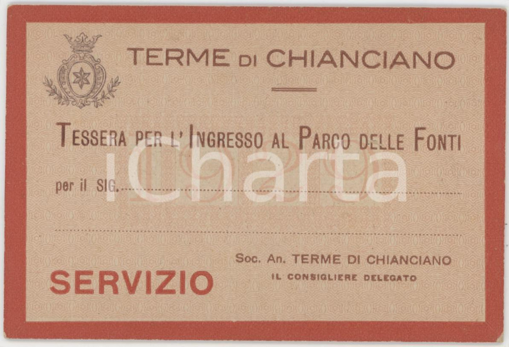 1929 TERME DI CHIANCIANO Tessera servizio per ingresso al Parco delle fonti