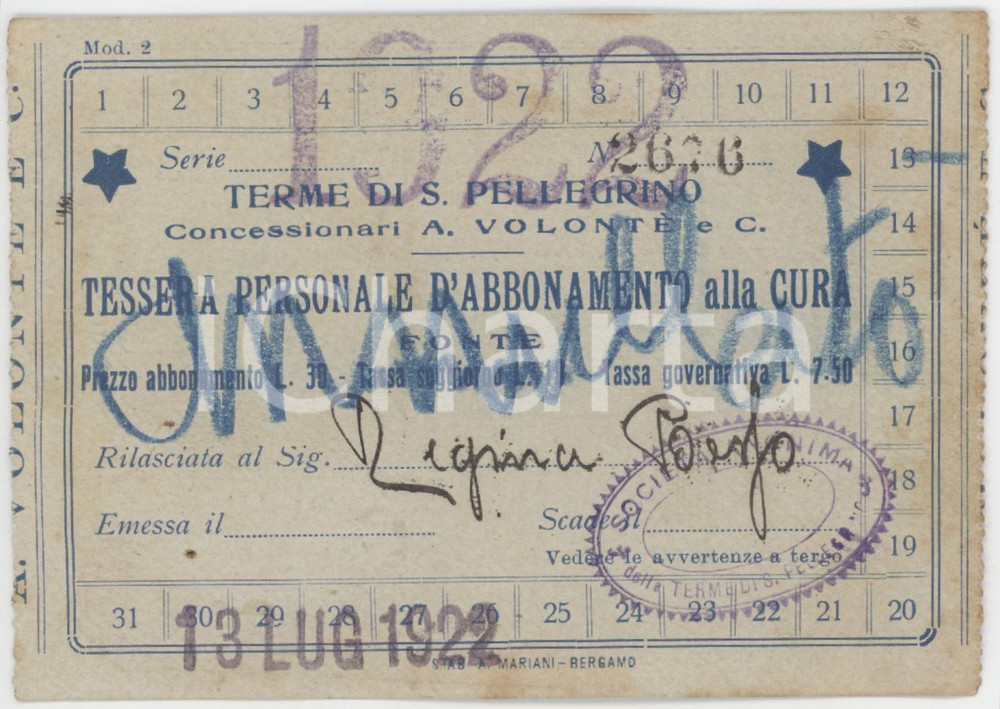1922 TERME DI SAN PELLEGRINO Tessera d'abbonamento alla cura 11x8 cm
