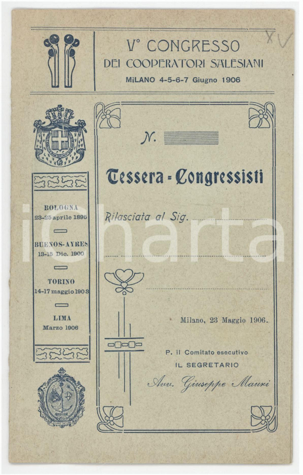 1906 MILANO - V° Congresso dei cooperatori salesiani - Tessera congressisti 9x15
