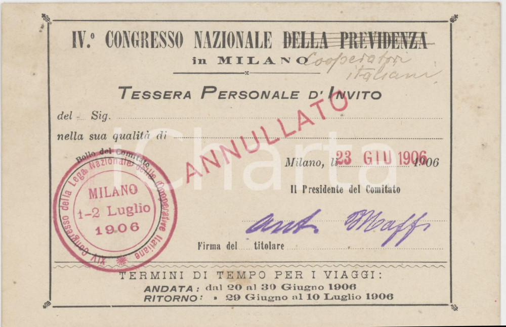 1906 MILANO - IV Congresso Cooperatori Italiani - Tessera di invito 14x9 cm