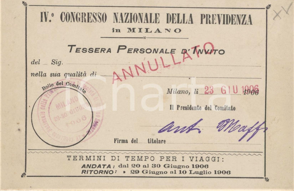 1906 MILANO - IV Congresso della previdenza - Tessera di invito 14x9 cm