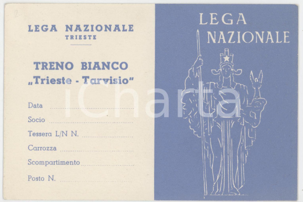 1950 ca TRIESTE - LEGA NAZIONALE Tessera treno bianco TRIESTE - TARVISIO