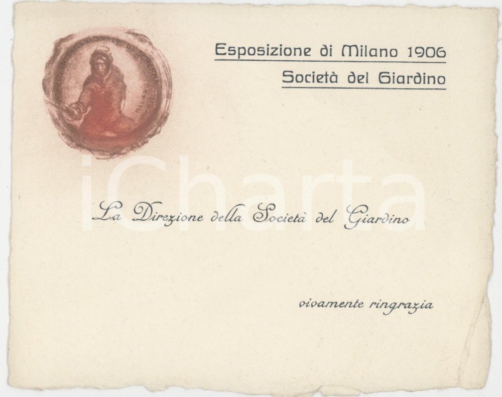 1906 ESPOSIZIONE DI MILANO Società del giardino - Biglietto di ringraziamenti
