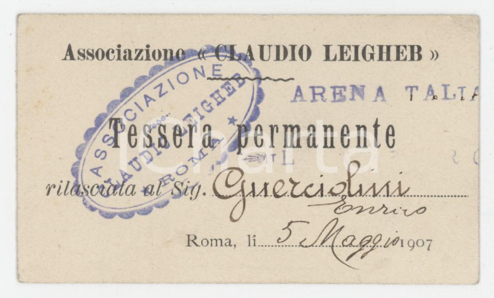 1907 ROMA Associazione Claudio Leigheb - Tessera permanente 9x5 cm