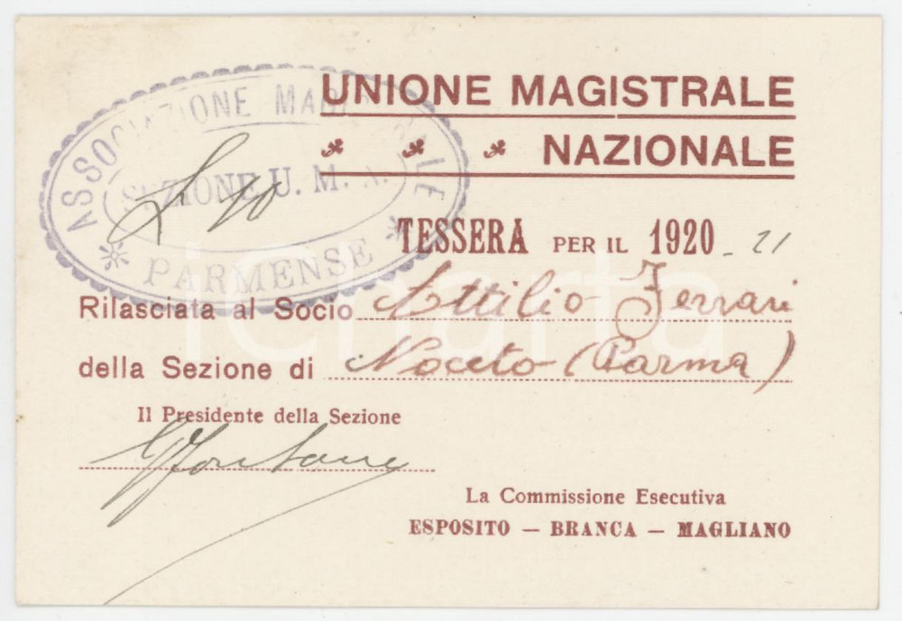 1920 NOCETO Associazione Magistrale Parmense - Tessera Unione Magistrale 10x6 cm