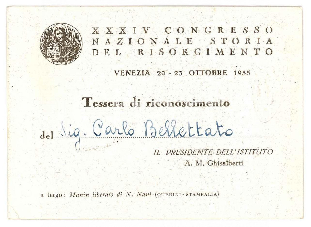1955 VENEZIA XXXIV Congresso storia del Risorgimento Tessera di Carlo BELLETTATO