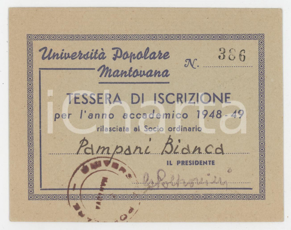 1948 MANTOVA UniversitÃ  Popolare Mantovana - Tessera 10x8 cm Tessera d'epoca. FAIR/discreto Lievi bruniture Formato: 10x8 cm originale e autentica 1