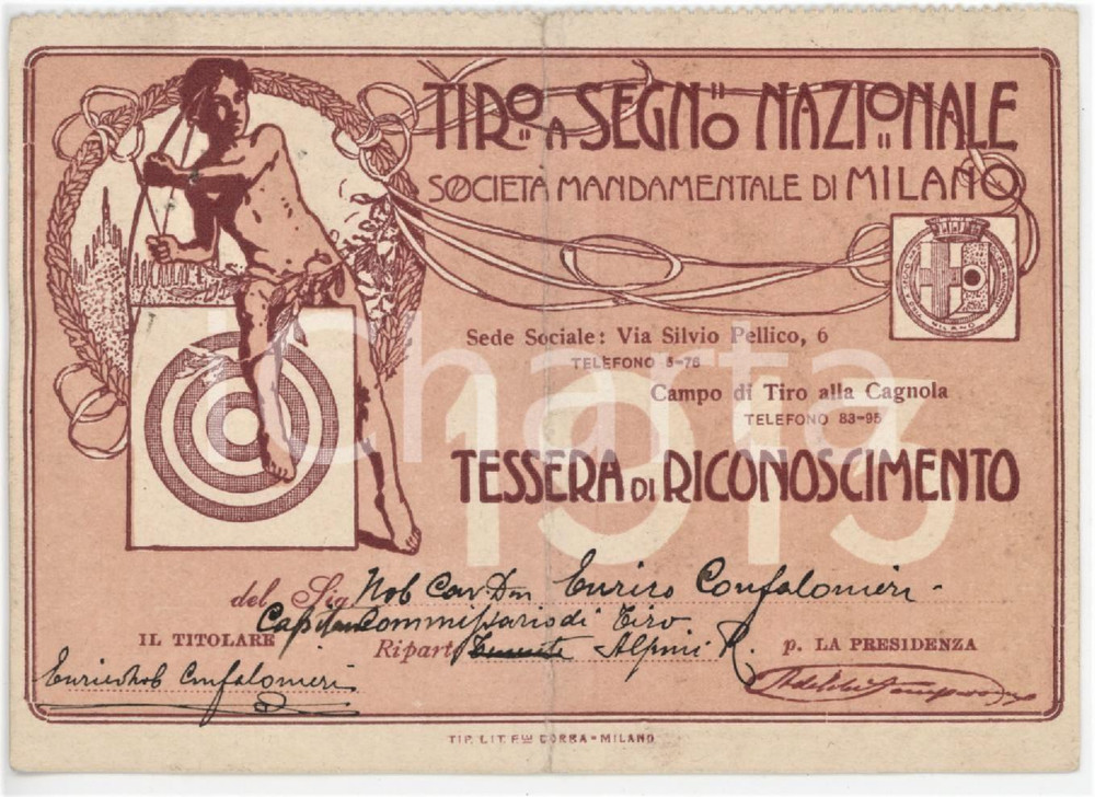 1913 MILANO Poligono della CAGNOLA Tessera di Enrico CONFALONIERI Tiro a segno