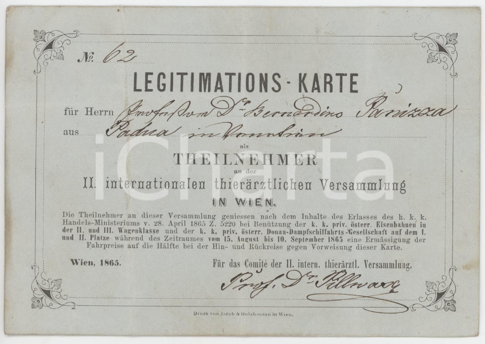 1865 WIEN Internationalen thierarztlichen versammlung Karte Bernardino PANIZZA
