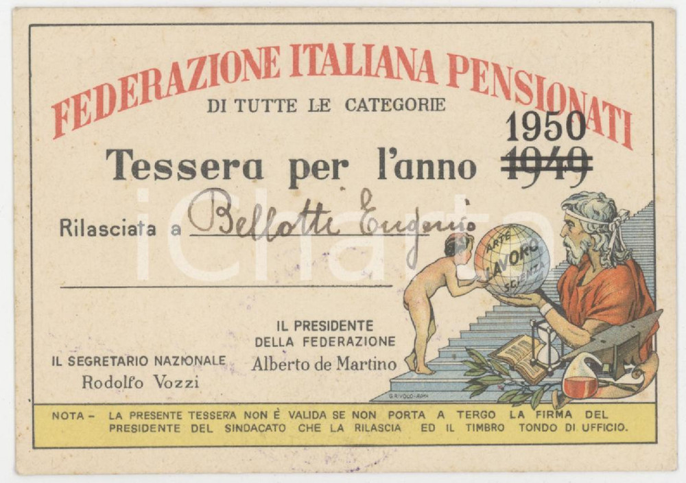 1950 VENEZIA Federazione Italiana Pensionati - Tessera 9x6 cm