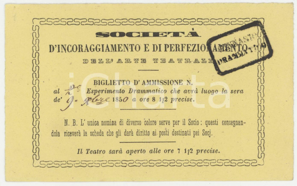 1850 TEATRO Società incoraggiamento e perfezionamento arte teatrale - Tessera