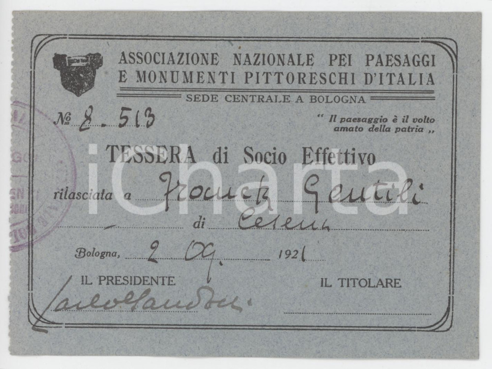 1921 CESENA Associazione per paesaggi e monumenti pittoreschi d'Italia - Tessera