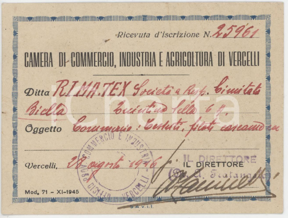 1916 VERCELLI Camera di commercio - Ricevuta iscrizione Ditta RIMATEX di BIELLA