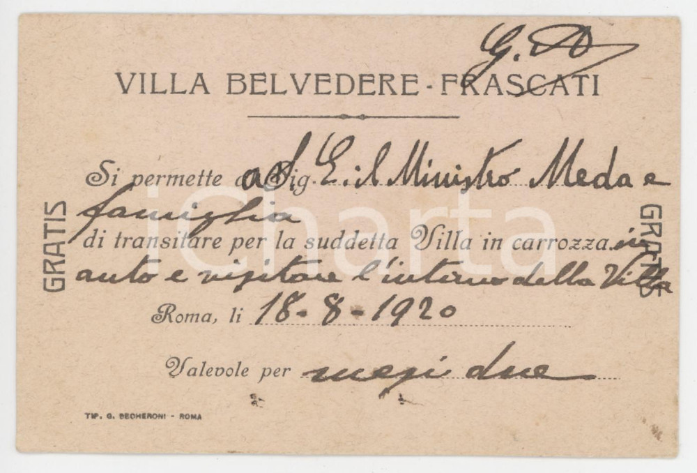 1920 ROMA Villa BELVEDERE-FRASCATI - Tessera del Ministro Filippo MEDA 11x7 cm