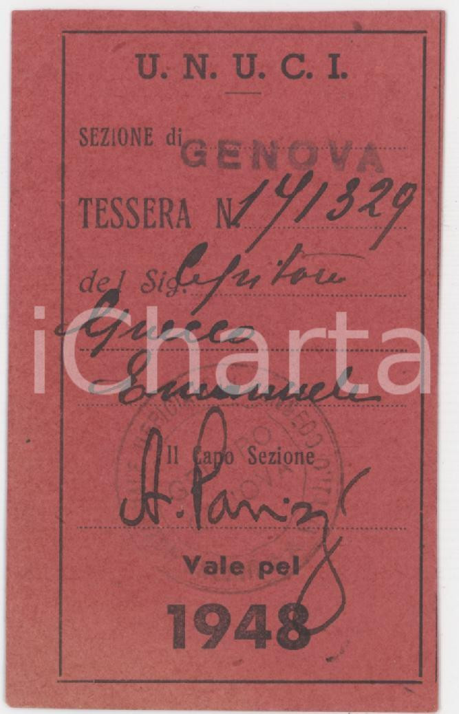 1948 UNUCI Sezione di GENOVA Tessera 5x8 cm