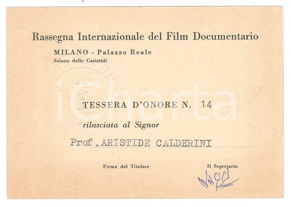 1925 ca MILANO Rassegna film documentario - Tessera d'onore Aristide CALDERINI