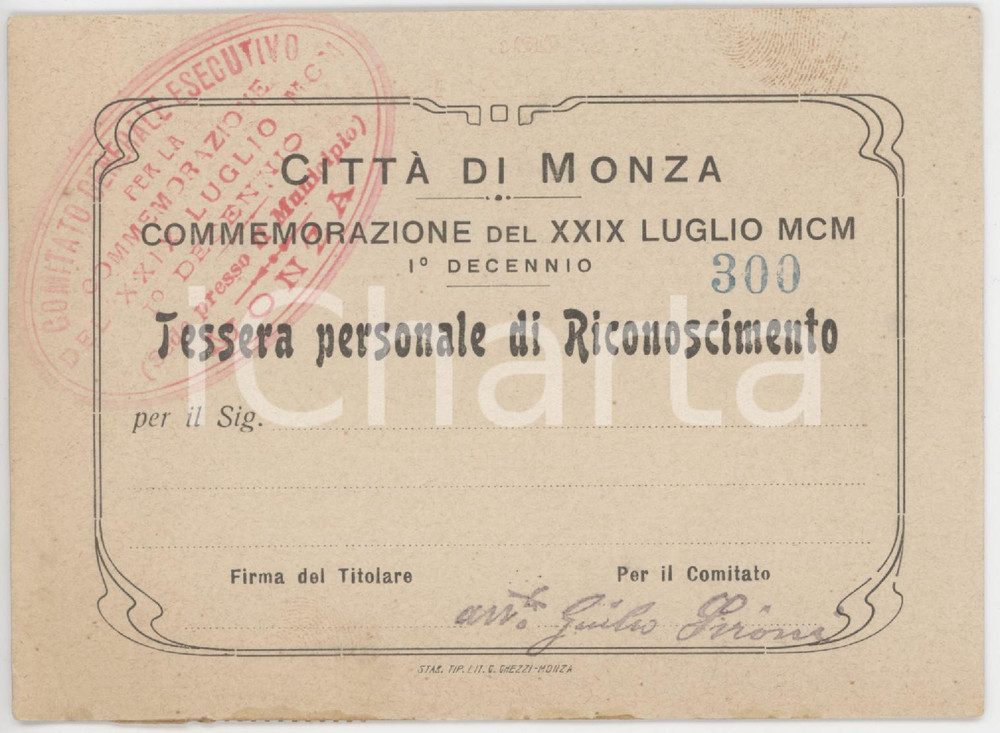 1910 MONZA Commemorazione 29 luglio 1900 Regicidio Umberto I - Tessera 12x9 cm