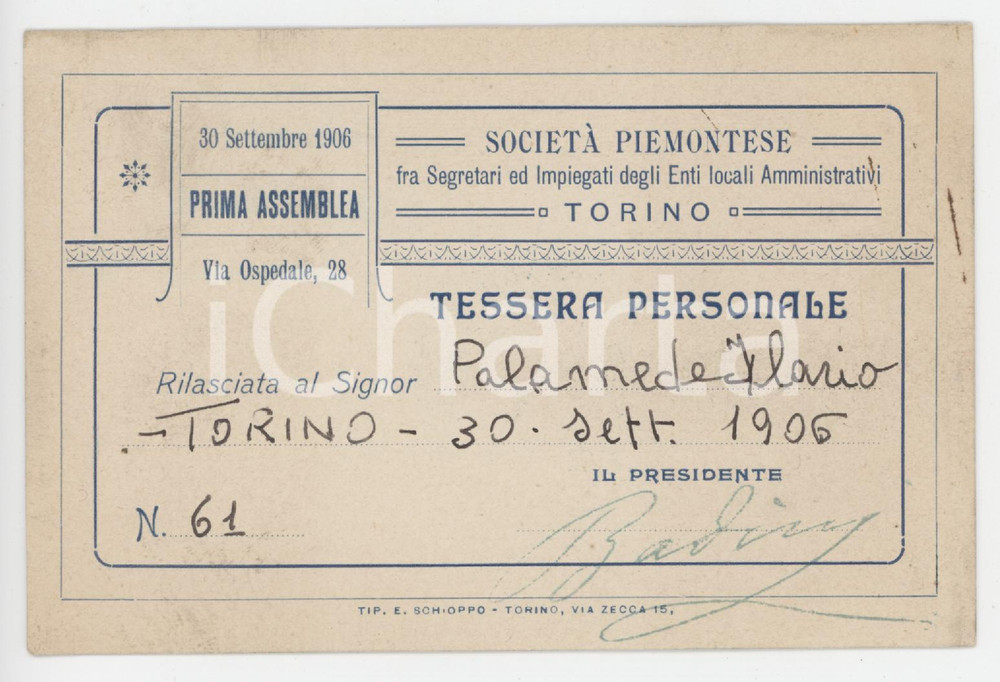 1906 TORINO Società piemontese impiegati enti locali amministrativi - Tessera