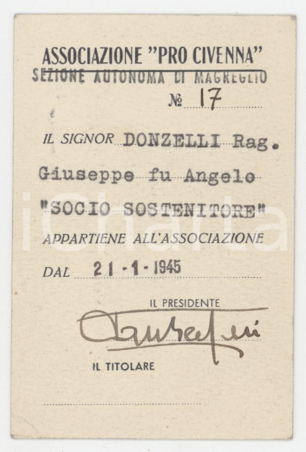1945 MAGREGLIO Associazione PRO CIVENNA Tessera di Giuseppe DONZELLI 6x9 cm