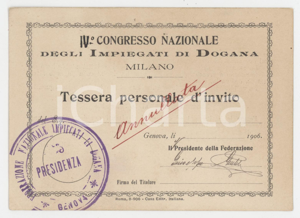 1906 MILANO - IV Congresso impiegati di dogana - Tessera 12x9 cm
