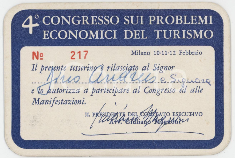 1970 ca MILANO Congresso problemi economici del turismo - Tessera Dino ANDREIS