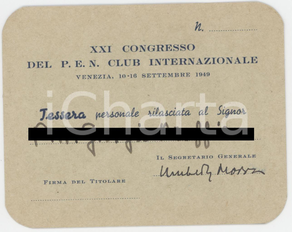 1949 VENEZIA - XXI Congresso PEN Club Internazionale - Tessera 10x8 cm