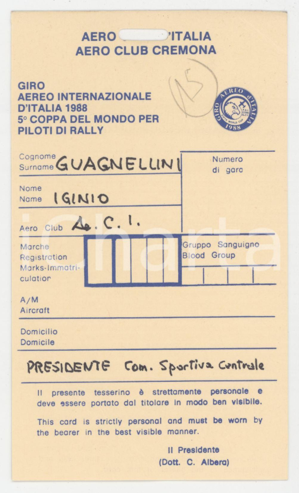1988 AERO CLUB CREMONA Giro aereo d'Italia - Tessera Iginio GUAGNELLINI