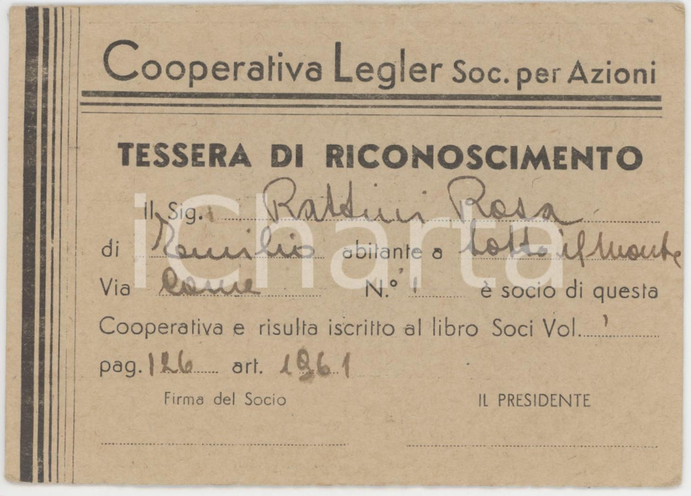 1961 SOTTO IL MONTE Cooperativa LEGLER Tessera di riconoscimento 12x8 cm