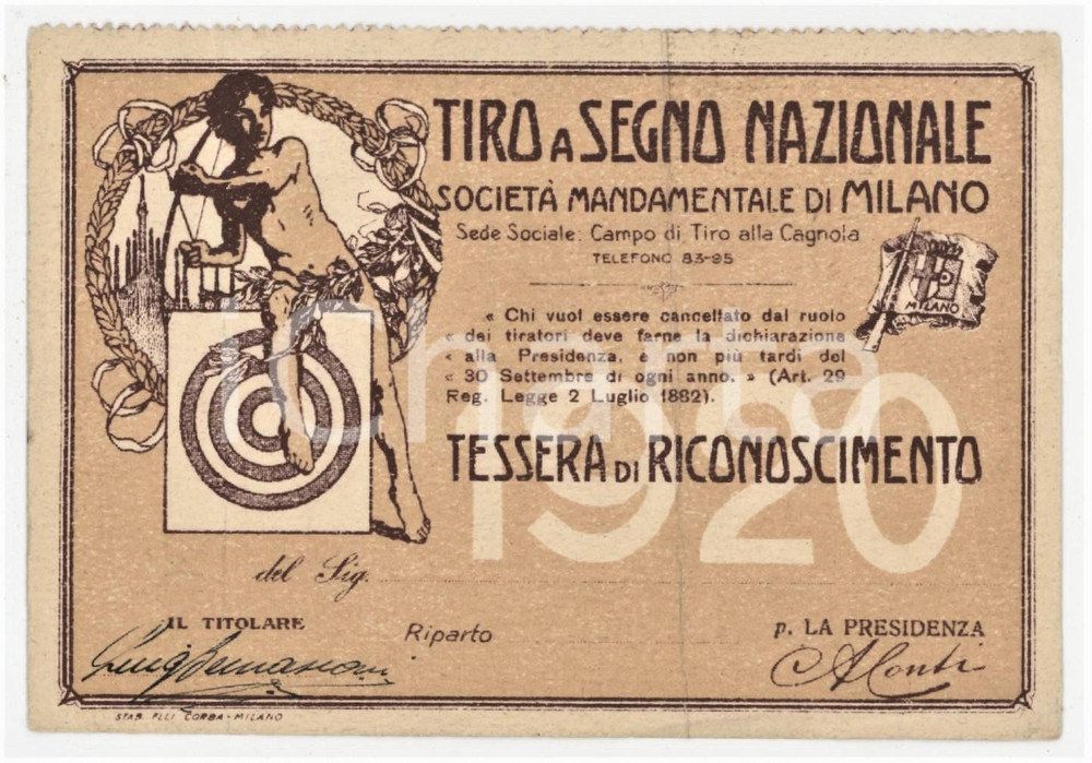 1920 MILANO Poligono della CAGNOLA Tessera tiro a segno nazionale 11x8 cm