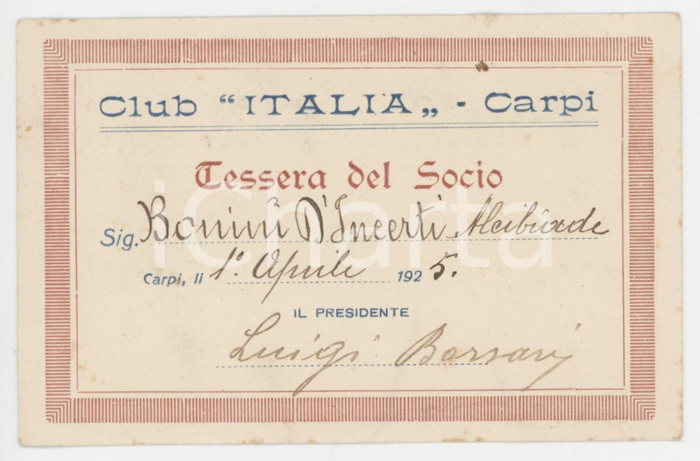 1925 CARPI Club Italia - Tessera di Alcibiade D'INCERTI BONINI 10x7 cm
