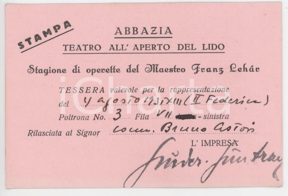 1935 ABBAZIA / OPATIJA Stagione operette Franz LEHAR - Tessera di Bruno ASTORI