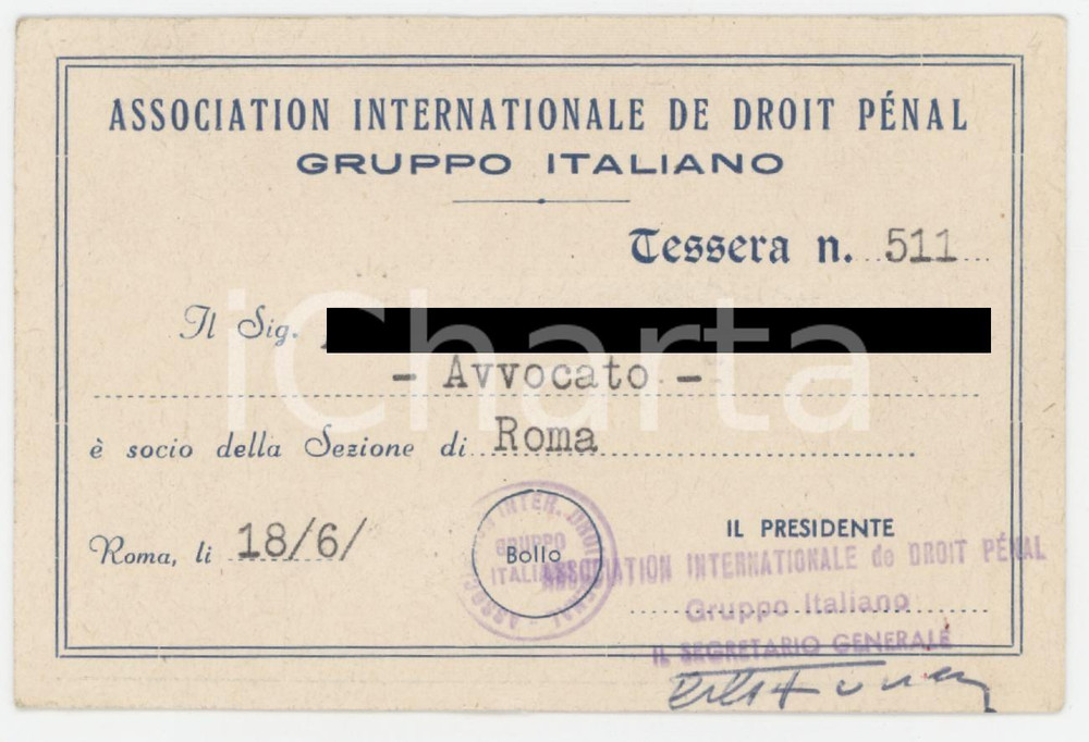 1960 ca ROMA Association internationale de droit pénal - Tessera gruppo italiano Tessera d'epoca.  CONDIZIONI:FAIR/discreto Lievi gualcitureFORMATO: 10x7 cm originale e autentica 1