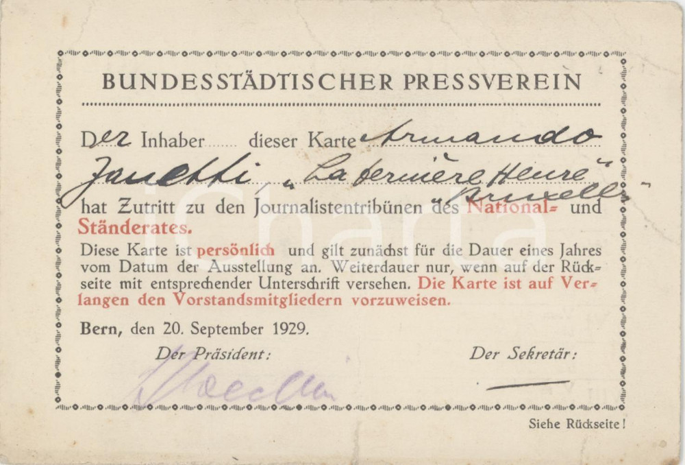 1929 DEUTSCHLAND Bundesstadtischer pressverein - Karte Armando ZANETTI 12x8 cm