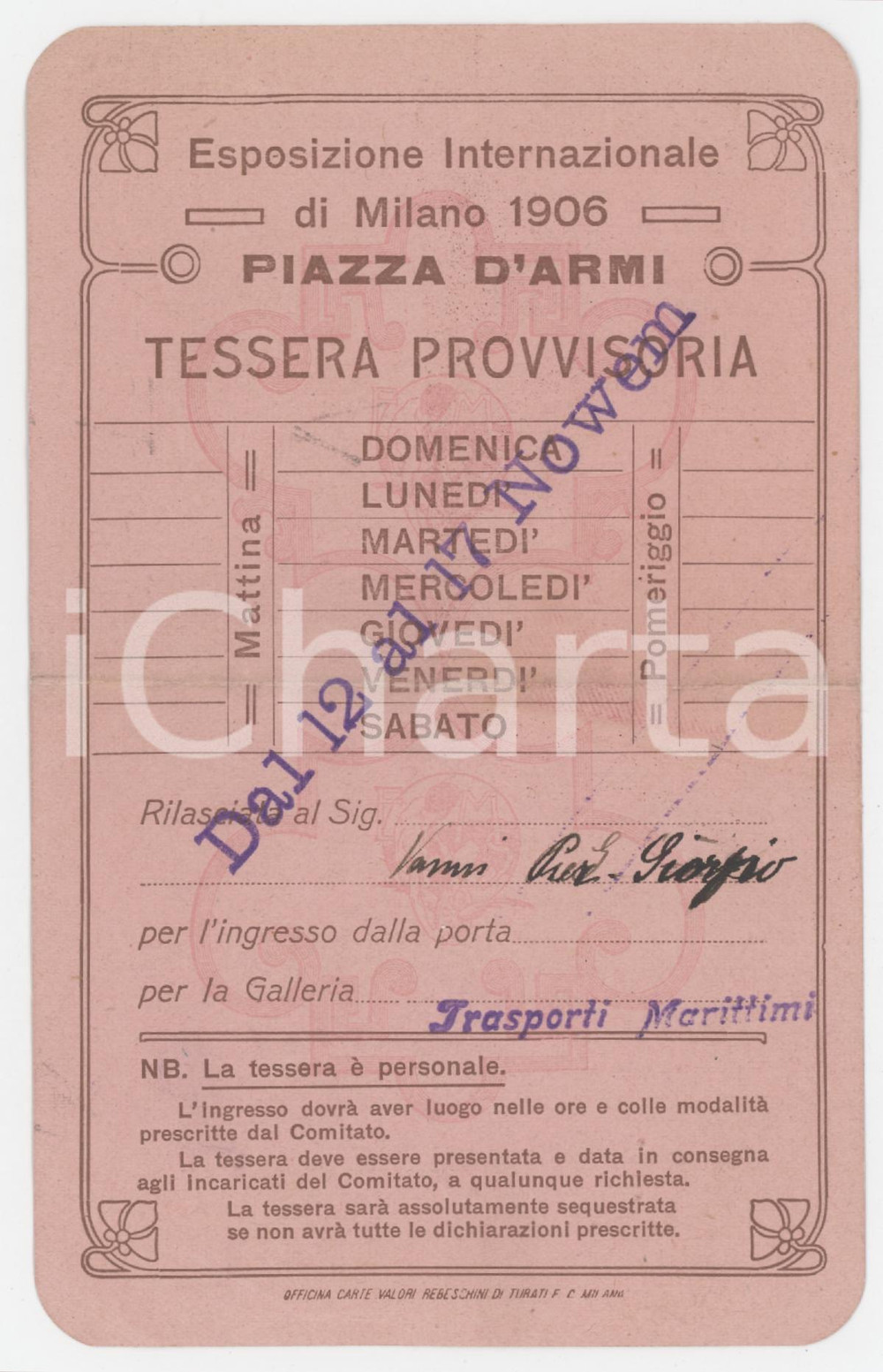 1906 MILANO Esposizione Internazionale - Tessera provvisoria Piazza d'Armi 9x15