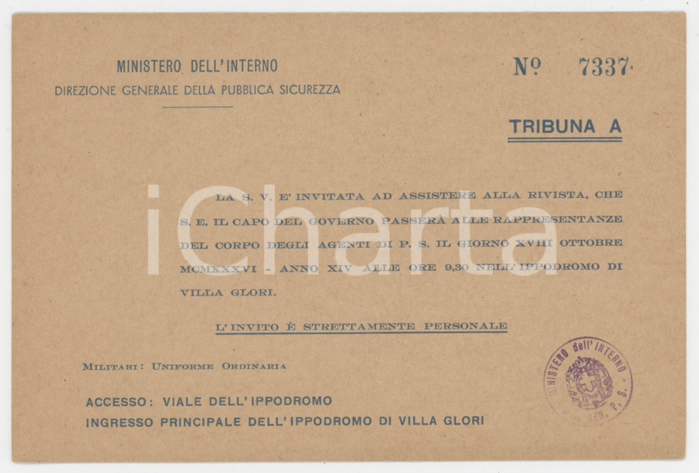 1936 ROMA Ippodromo di VILLA GLORI Invito rivista militare - Tribuna A 17x11 (1) Biglietto illustrato d'epoca.  FAIR/discreto Lievi smussature agli angoli, bruniture Formato: 17x11 cm originale e autentica 1