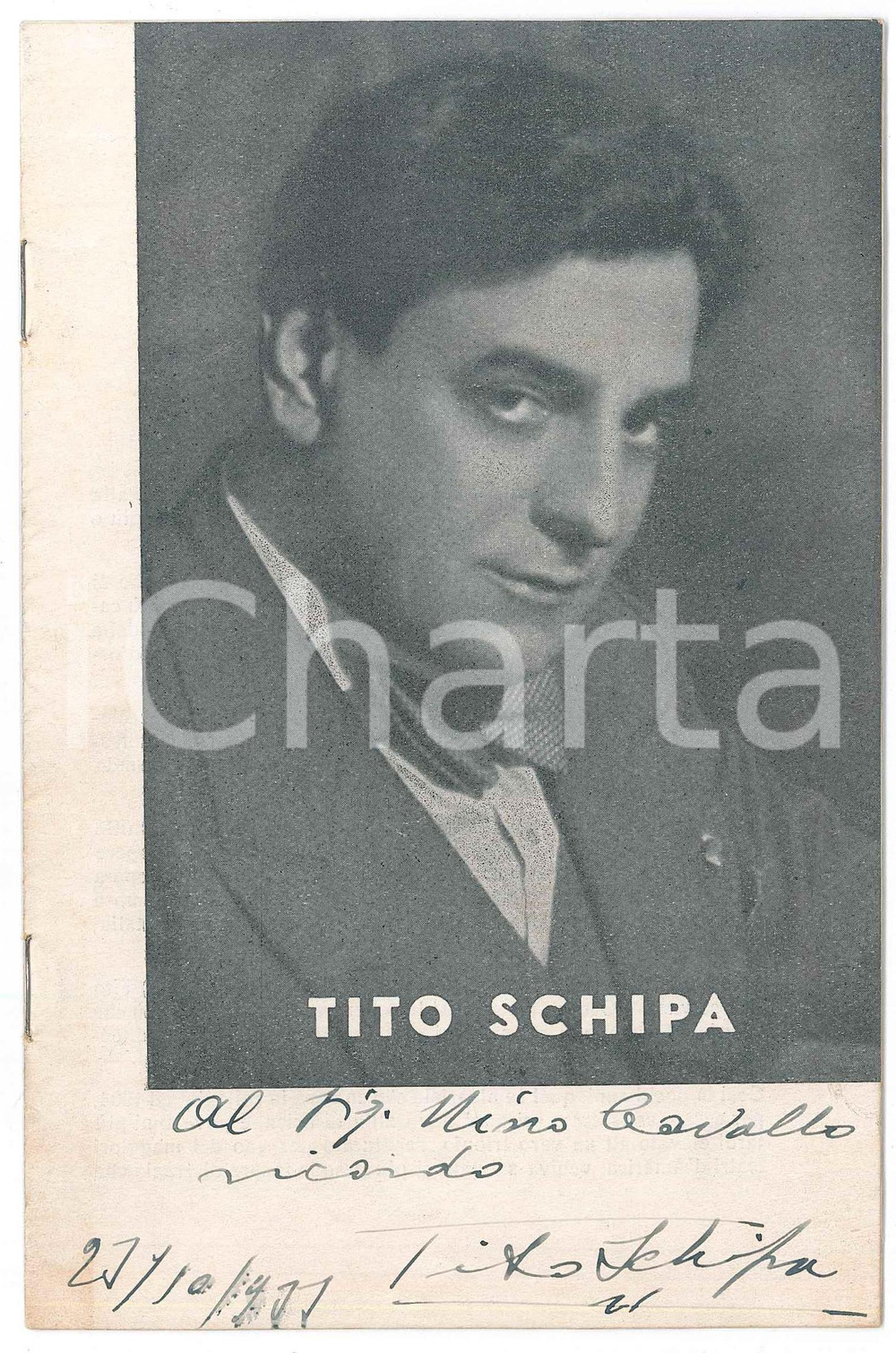 Autografo originale 1933 LIRICA Tenore Tito SCHIPA  Pieghevole con AUTOGRAFO 1