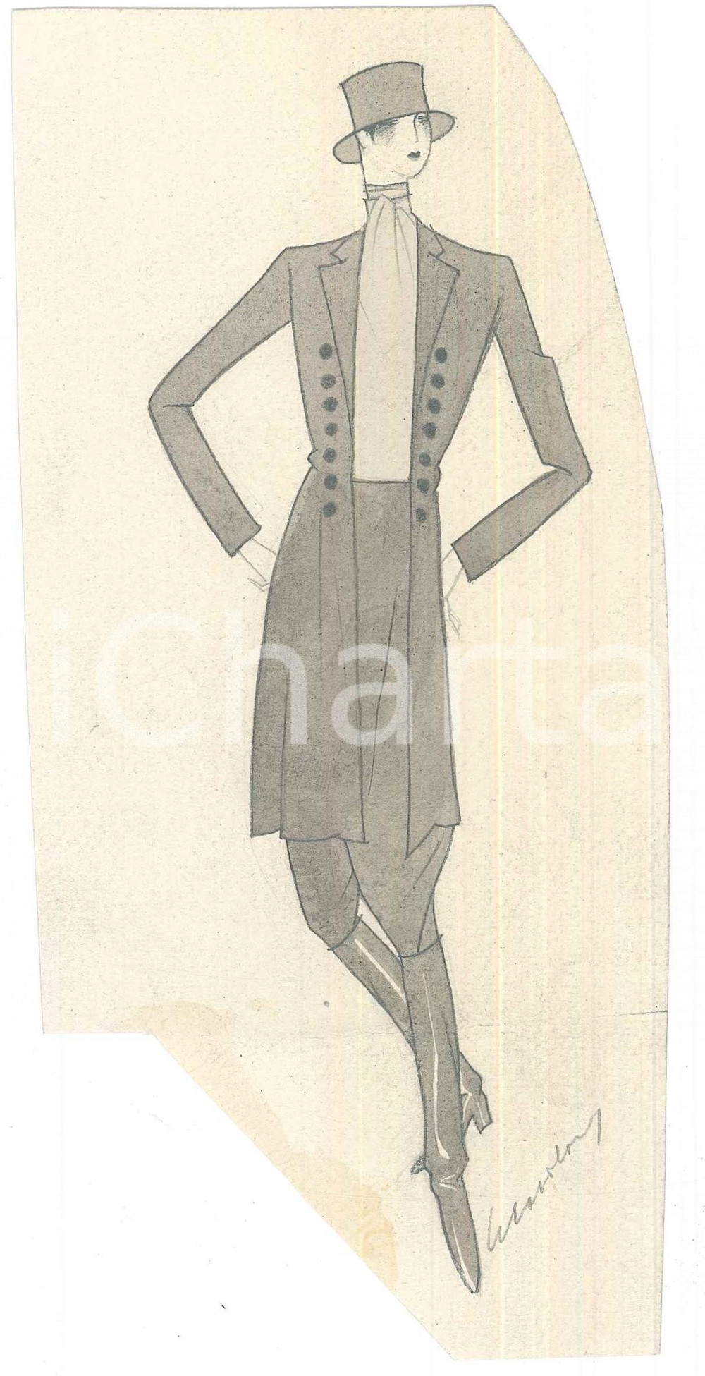 1930 ca ITALIA MODA DONNA Bozzetto completo con pantalone 10x20 cm