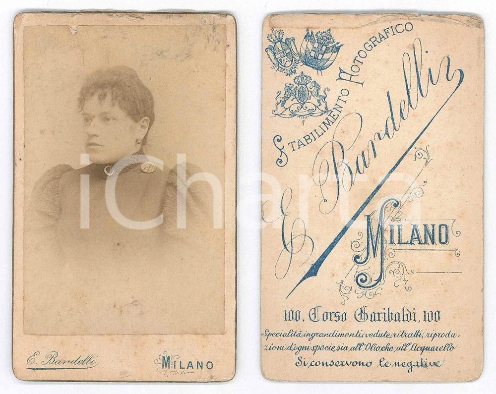 1890 ca MILANO Ritratto di donna con spilla *Foto E. BARDELLI CDV