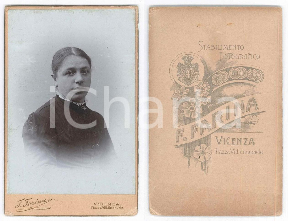 1900 ca VICENZA Ritratto di donna - Busto *Fotografia F. FARINA 8x12 cm